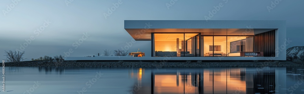Modern Floating Home With Warm Interior Lighting At Dusk Modern Floating Home With Warm Interior Lighting At Dusk