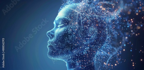 Abstract Digital Portrait of a Person With Glowing Particles on a Blue Backgr...