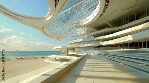 Stadium architecture featuring curved lines and transparent panels, with empty stands against a backdrop of a high-quality, expansive beach  photo