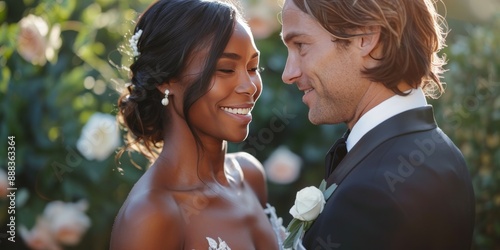 Wedding Couple Embracing in a Garden Setting