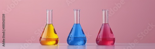 Four Glass Flasks With Colorful Liquids on Pink Background