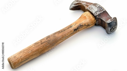 This image features a rusty claw hammer with an aged and weathered wooden handle, placed on a white background, highlighting its well-used appearance and historical significance.