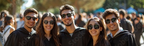 Five Graduates Smiling in Black Graduation Robes and Sunglasses on a Sunny Day