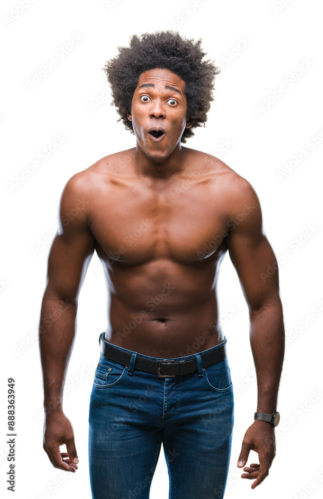 Fototapeta premium Afro american shirtless man showing nude body over isolated background afraid and shocked with surprise expression, fear and excited face.