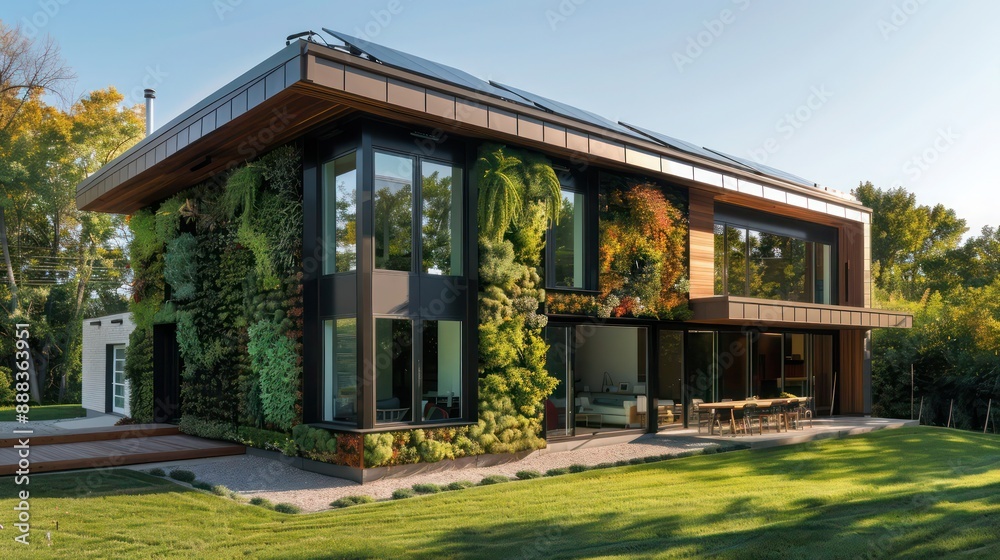 modern suburban farmhouse with an eco-friendly design, including a living wall, solar panels, and sustainable materials throughout modern suburban farmhouse with an eco-friendly design, including a living wall, solar panels, and sustainable materials throughout