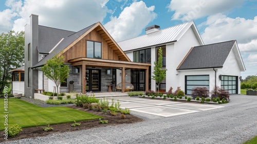 modern suburban farmhouse with a seamless blend of contemporary and rustic designs, featuring clean lines and natural wood accents