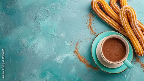 Photo of churros and hot chocolate on teal table with space for text