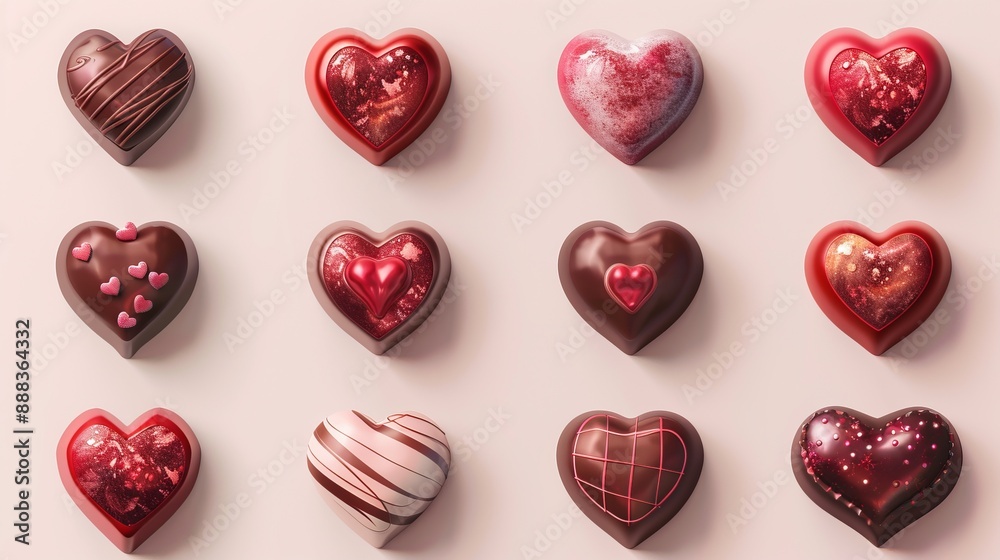 A collection of twelve heart-shaped chocolates with different designs and toppings, presented on a plain background. Perfect for Valentine's Day or romantic occasions. A collection of twelve heart-shaped chocolates with different designs and toppings, presented on a plain background. Perfect for Valentine's Day or romantic occasions.