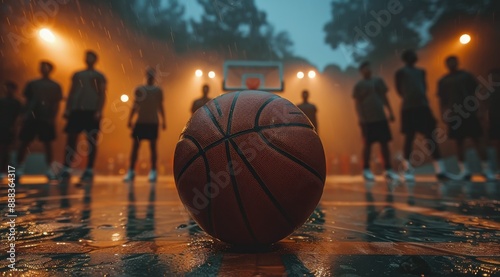 Rainy Night Basketball Game on a Wet Court