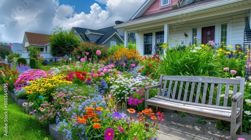 Fototapeta Naklejka Na Ścianę i Meble -  vibrant flower garden at the front of a suburban farmhouse, with a variety of flowers in full bloom and a quaint wooden bench