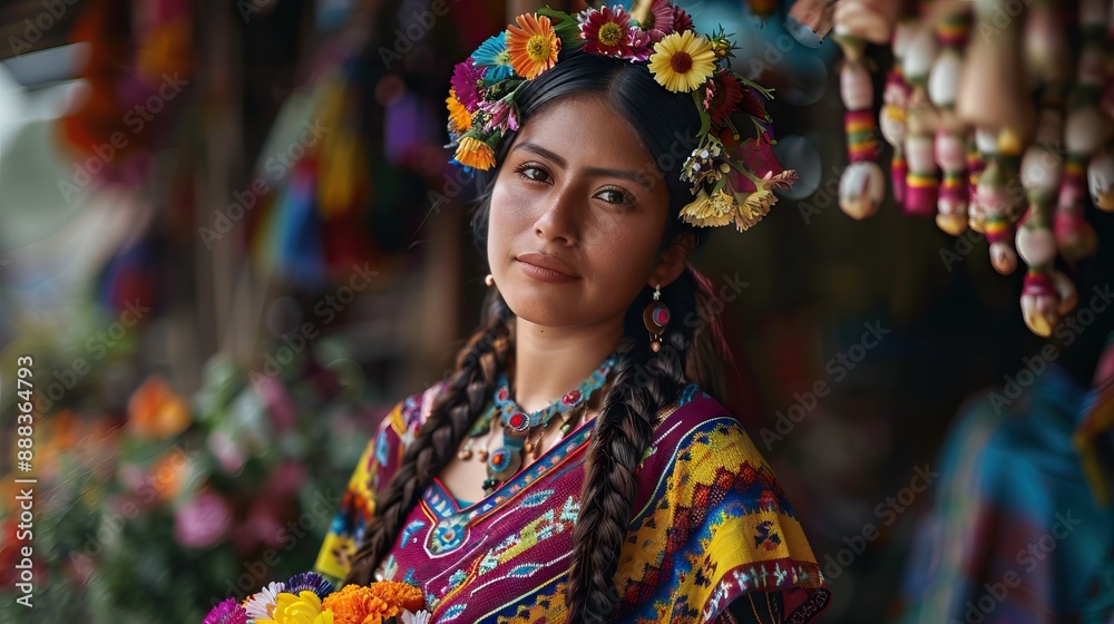 Fototapeta premium Indigenous woman in colorful dress holding flowers from Zunil.