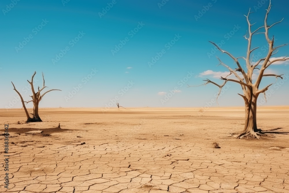 Barren desert scene with dead trees and cracked soil under a clear blue sky, depicting drought and climate change. Surreal Desert Landscape with Dead Trees Barren desert scene with dead trees and cracked soil under a clear blue sky, depicting drought and climate change. Surreal Desert Landscape with Dead Trees