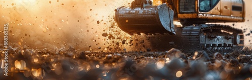 Excavator Working on a Construction Site at Sunset