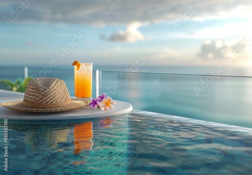 A Glass of Orange Juice and a Straw Hat on a Sunny Day by the Oceanside Pool