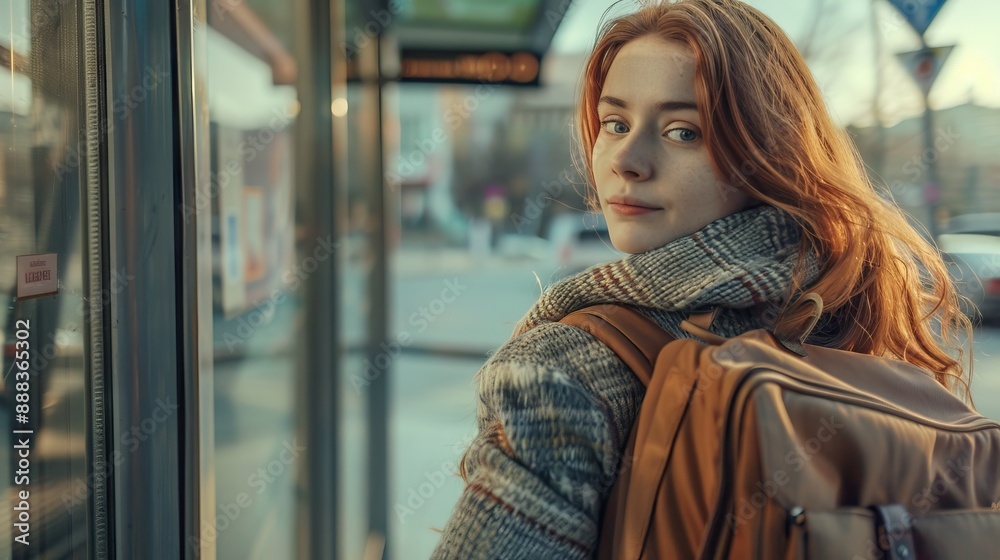 Portrait of a young woman with books and backpack at a bus stop. Portrait of a young woman with books and backpack at a bus stop.