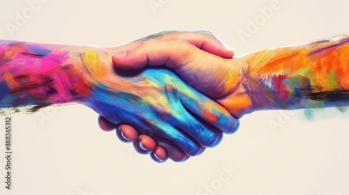 Two colorfully painted hands shaking on a pastel background, symbolizing collaboration and support in business or personal life.