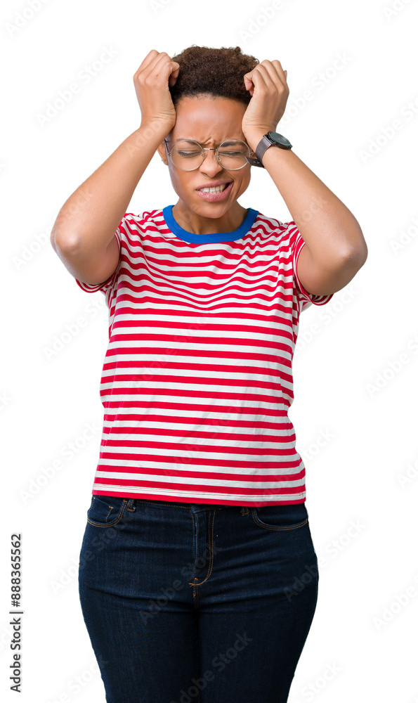 Beautiful young african american woman wearing glasses over isolated background suffering from headache desperate and stressed because pain and migraine. Hands on head. Beautiful young african american woman wearing glasses over isolated background suffering from headache desperate and stressed because pain and migraine. Hands on head.