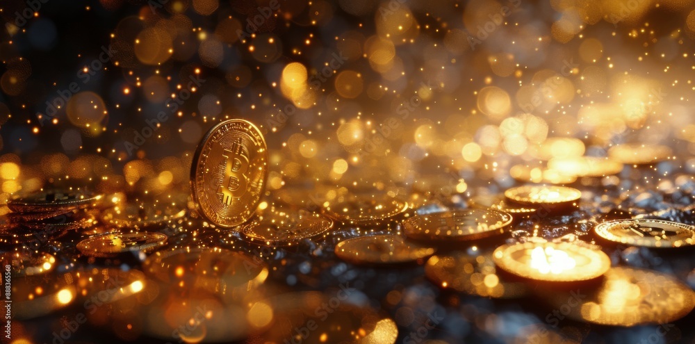 Golden Bitcoin Coins Falling and Glimmering in the Dark Golden Bitcoin Coins Falling and Glimmering in the Dark