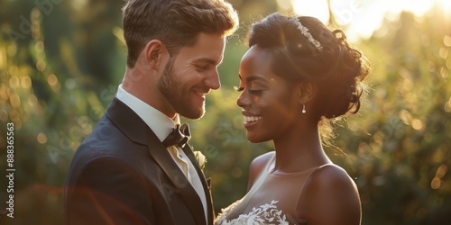 Wedding Couple Embracing in a Garden Setting