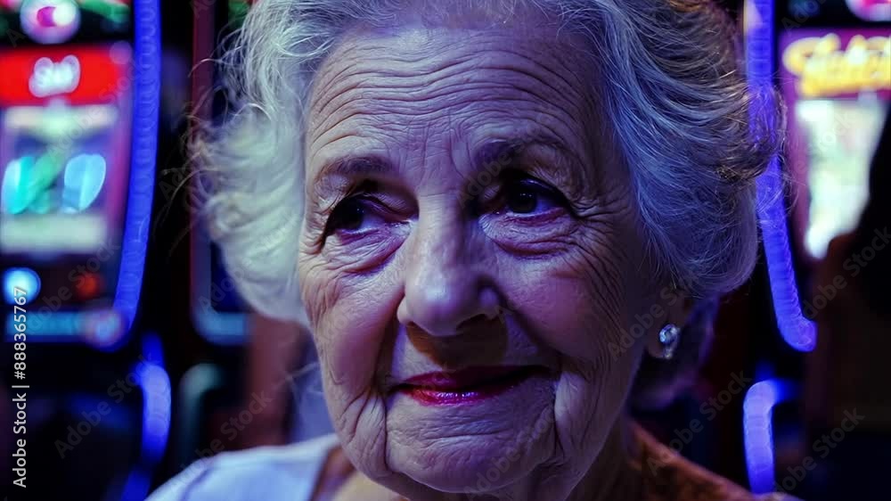 Close up of an elderly Caucasian woman wearing make up with white hair looking distressed in a casino. Close up of an elderly Caucasian woman wearing make up with white hair looking distressed in a casino.