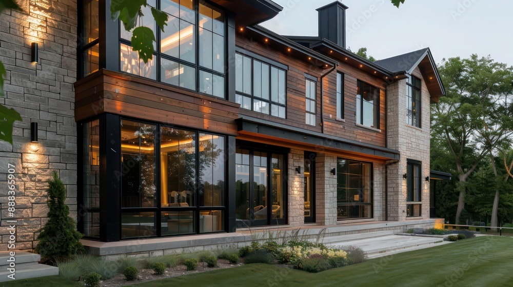 The elegant exterior of a modern suburban farmhouse, featuring a combination of stone and wood siding with large, open windows The elegant exterior of a modern suburban farmhouse, featuring a combination of stone and wood siding with large, open windows
