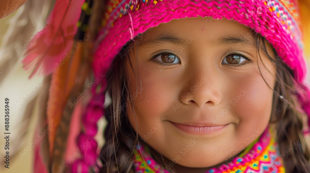 Smiling little native american girl wearing bright pink hat. Smiling little native american girl wearing bright pink hat.