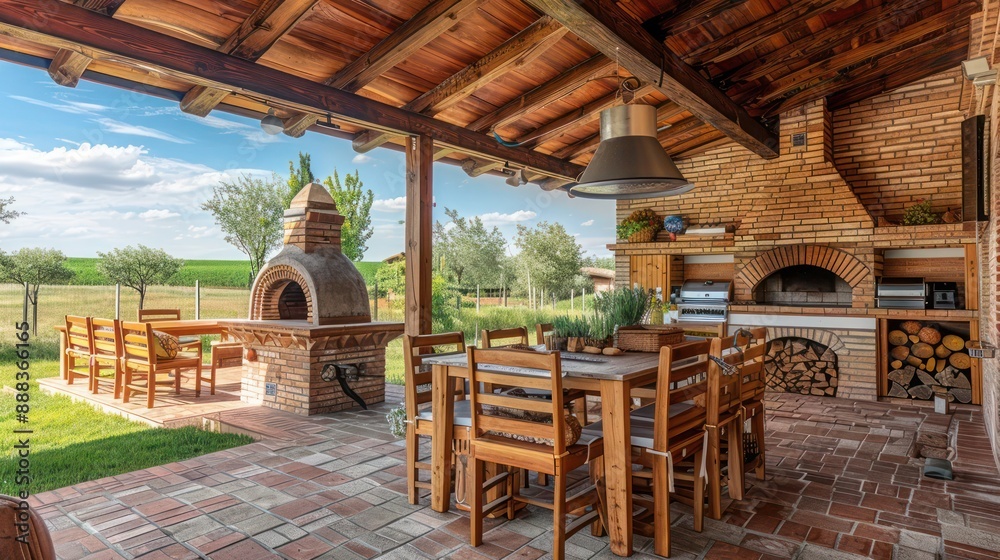 spacious suburban farmhouse with an outdoor kitchen and dining area, complete with a brick oven and rustic wooden furniture spacious suburban farmhouse with an outdoor kitchen and dining area, complete with a brick oven and rustic wooden furniture