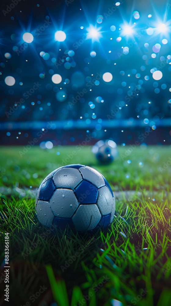 Fototapeta premium A soccer ball on the grass at night.