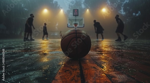 Rainy Night Basketball Game on a Wet Court
