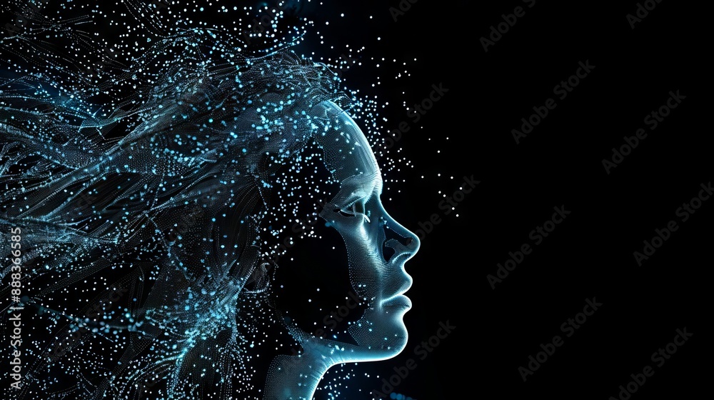 A woman's head with blue lights coming out of it. A woman's head with blue lights coming out of it.