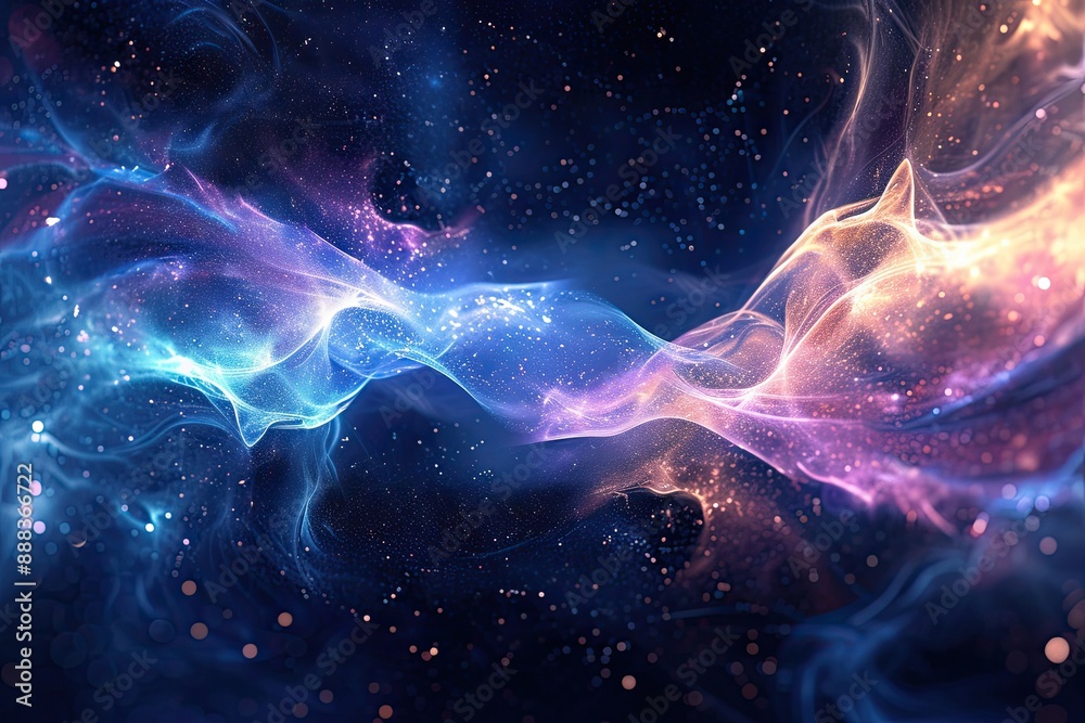Vibrant cosmic nebulae, glowing ethereal energy, background showcasing the concept of wave-particle duality