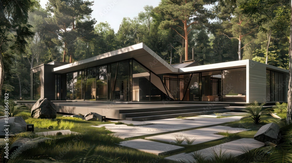 Modern suburban farmhouse with a sleek, geometric design, nestled in a lush forest clearing Modern suburban farmhouse with a sleek, geometric design, nestled in a lush forest clearing