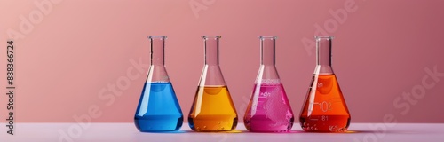 Four Glass Flasks With Colorful Liquids on Pink Background