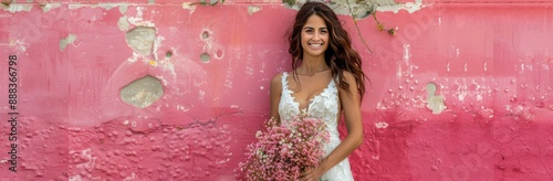 Bride Posing Against Pink Wall With White Flowers