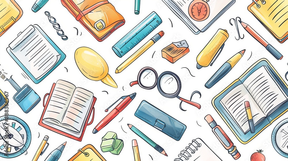 A vibrant assortment of stationery items like notebooks, pens, clips, and glasses scattered randomly. This image embodies organization, creativity, and vibrant academic life. A vibrant assortment of stationery items like notebooks, pens, clips, and glasses scattered randomly. This image embodies organization, creativity, and vibrant academic life.