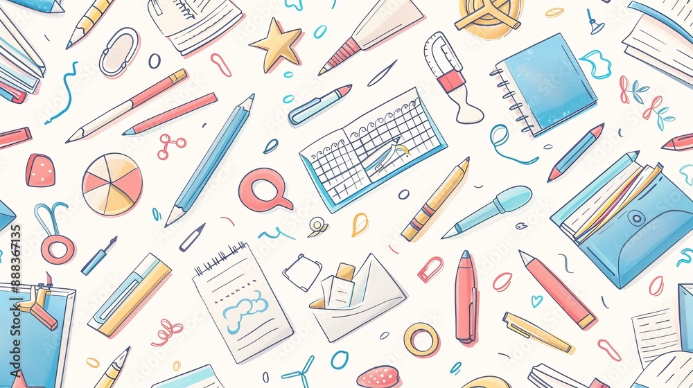 A vibrant collection of stationery items including a calendar, notebooks, and writing tools scattered around, perfect for planning and organizing both creative and professional work. A vibrant collection of stationery items including a calendar, notebooks, and writing tools scattered around, perfect for planning and organizing both creative and professional work.