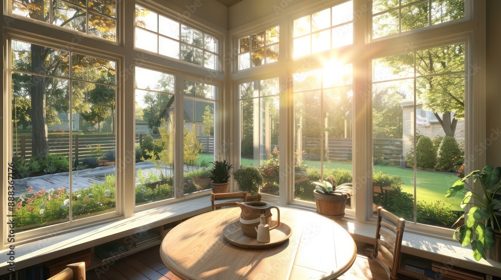 sunny breakfast nook in a suburban farmhouse, with large windows overlooking the backyard and a round wooden table sunny breakfast nook in a suburban farmhouse, with large windows overlooking the backyard and a round wooden table