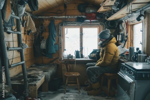 Cozy, cluttered cabin interior, day in the life of an arctic explorer in cozy ice cabin © SaroStock