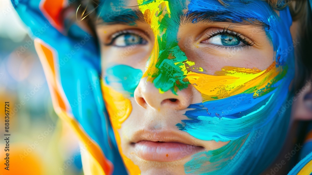 Fototapeta premium Young boy covered in paint showing artistic expression