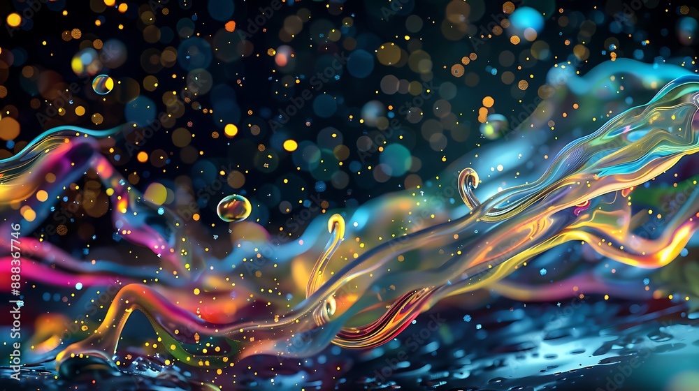 Dazzling display of bright liquid tendrils spreading across a dark background. Dynamic flow of bright liquid colors creating an energetic backdrop.