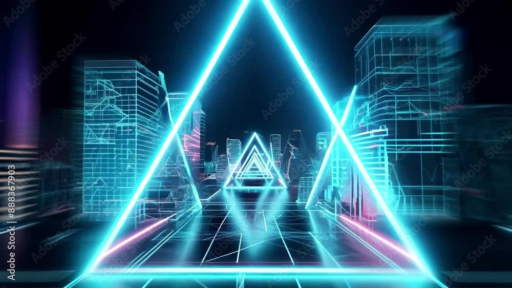 A glowing blue neon triangle pathway stretches into the distance, lined by wireframe buildings of a futuristic cityscape.