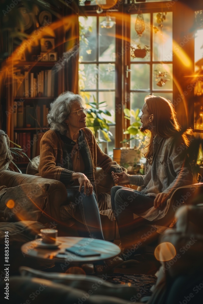 Senior and adult son holding hands and talking in cozy living room Senior and adult son holding hands and talking in cozy living room