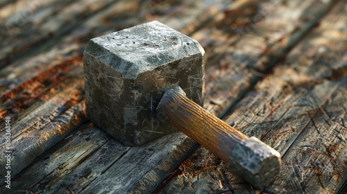 A sturdy, square-headed mallet with a wooden handle placed on a wooden table, highlighting the rugged and durable construction of traditional tools. photo