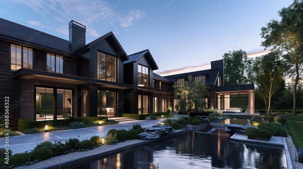 elegant suburban farmhouse with a modern design, featuring a landscaped water feature at the entrance and sleek, dark wood finishes elegant suburban farmhouse with a modern design, featuring a landscaped water feature at the entrance and sleek, dark wood finishes