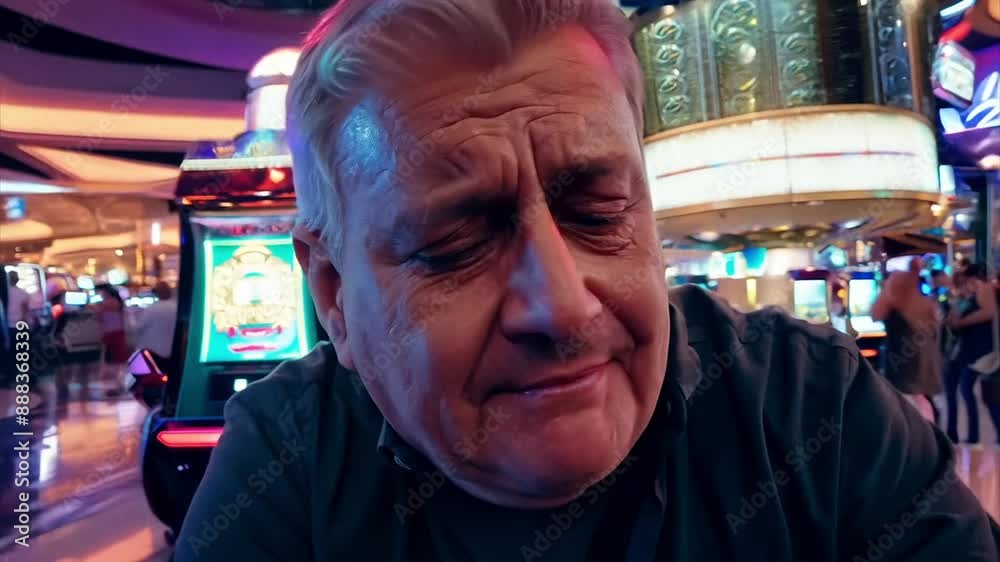 Close up low angle shot of an overweight Caucasian mans face crying while riding a scooter in a casino because he lost all his money. Close up low angle shot of an overweight Caucasian mans face crying while riding a scooter in a casino because he lost all his money.