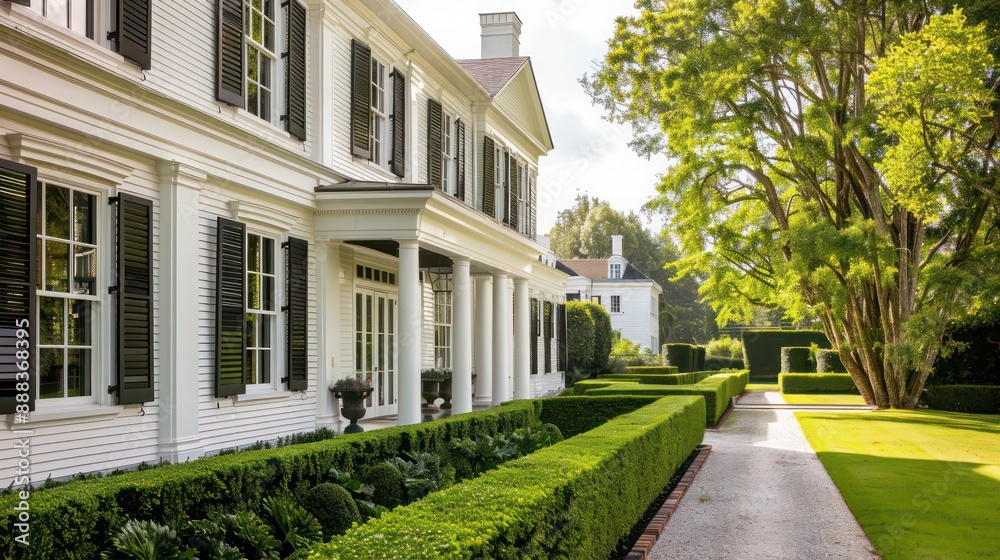 Naklejka premium elegant suburban farmhouse with a classic white exterior, black shutters, and a neatly trimmed hedge lining the walkway