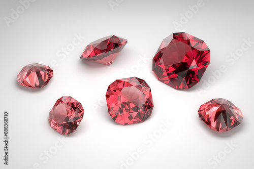 Scattering of rubies of different sizes on the white background. Exhibition of precious stones. Cut in cushion style. 3d rendering.