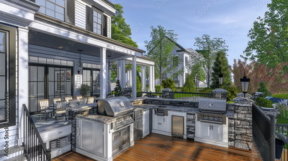 Fototapeta premium suburban farmhouse with a large back deck featuring a luxury outdoor kitchen, complete with a built-in BBQ, refrigerator, and stone countertops