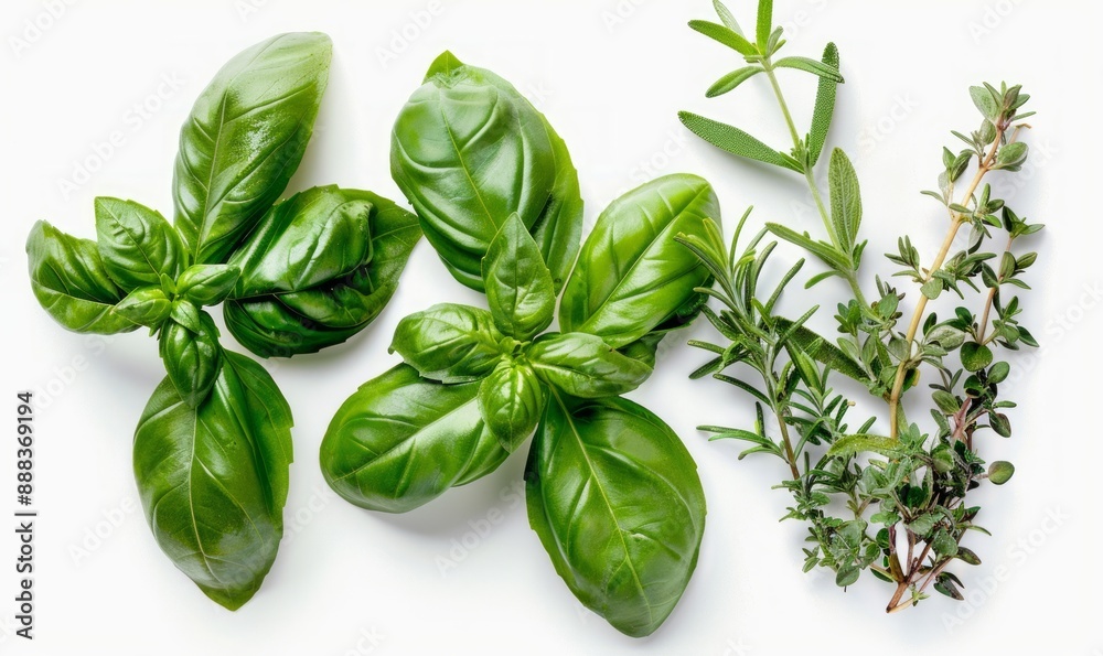 Fresh sprigs of basil, thyme and rosemary Fresh sprigs of basil, thyme and rosemary