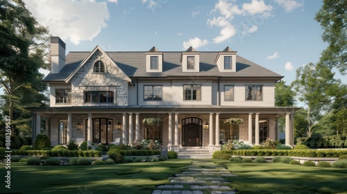 suburban farmhouse with a sophisticated exterior, featuring symmetrical design, clean lines, and a neutral color palette